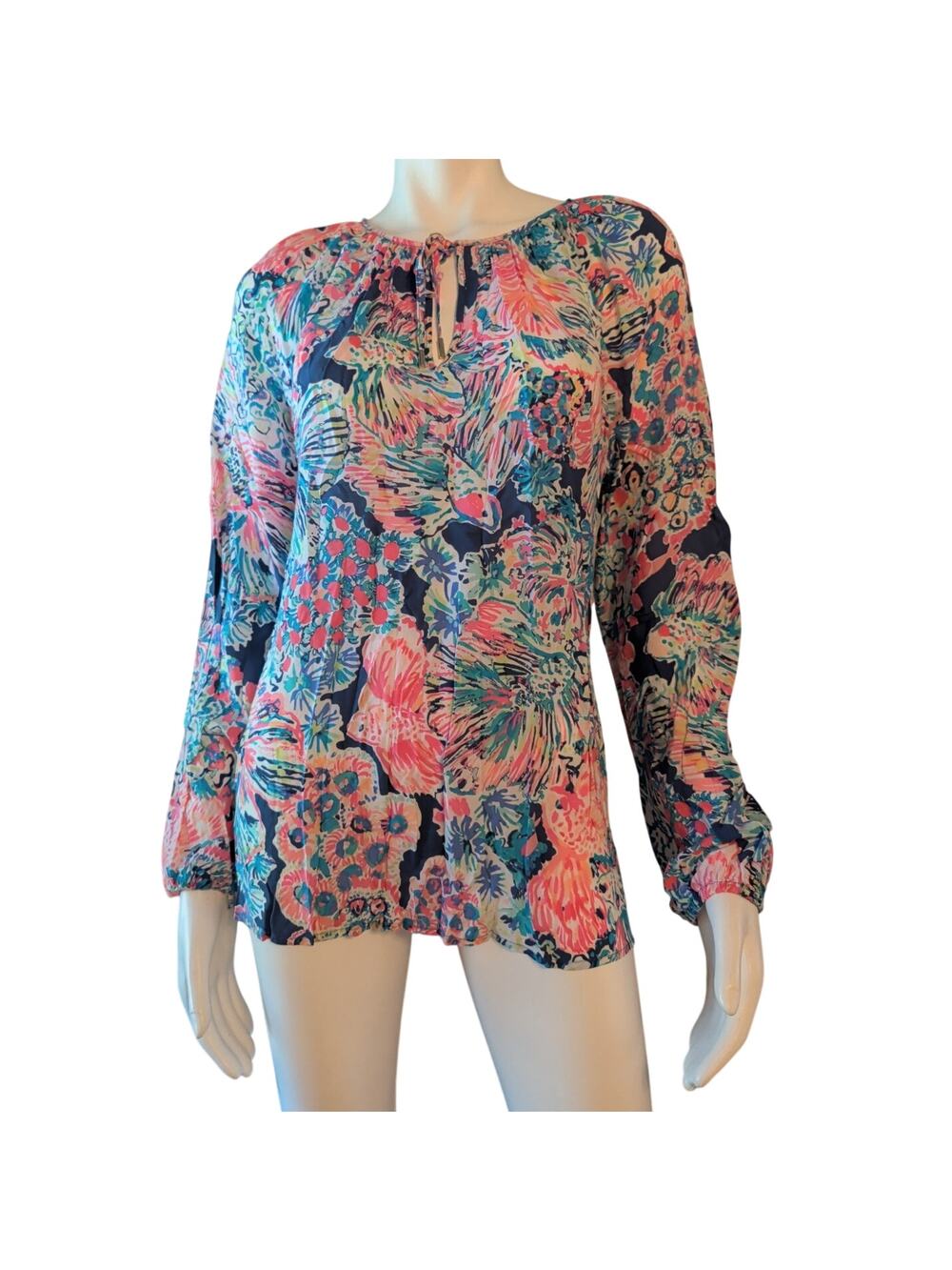 Lilly Pulitzer Willa Blouse Long Sleeve Tunic Lrg Pink Blue Green Island Seacret